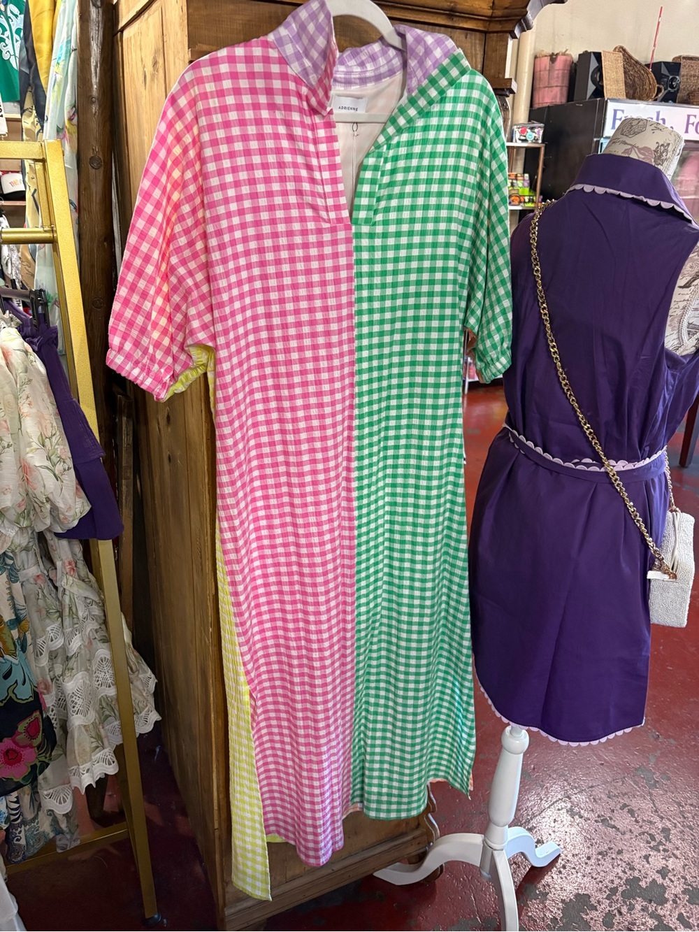 NWT, Adrienne Gingham Maxi Shirt Dress in Pink/Green/Yellow, Lined, Size L